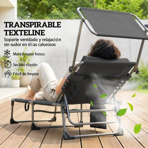 Set de 2 Tumbonas Plegables con Reposacabezas Parasol Bolsillo Lateral y Respaldo Reclinable en 5 Posiciones Negro [3]