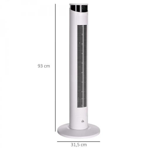 Ventilador de Torre Oscilante 45W con Control Remoto Temporizador de 12 h 3 Velocidades Pantalla LED Ø31,5x93 cm Blanco [1]