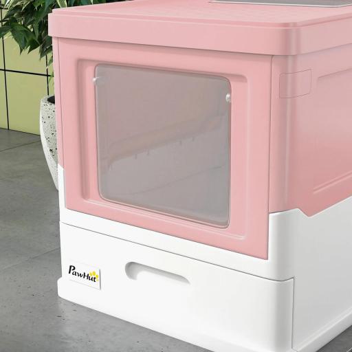 Arenero Cubierto para Gatos Desmontable con Entrada Frontal y Salida Superior con Pala 47,5x35,5x36,7 cm Rosa y Blanco [7]