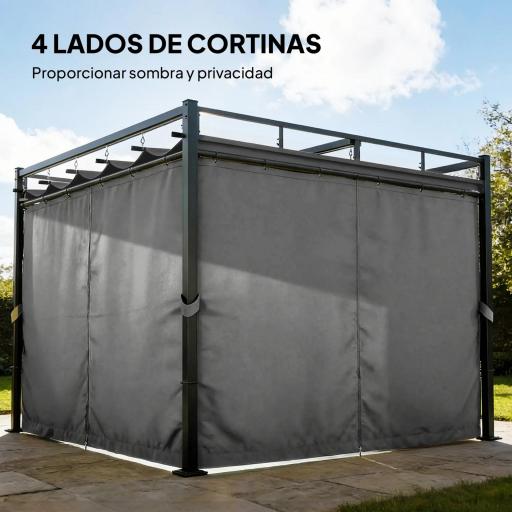 Pérgola de Jardín 3x3 m con Techo Retráctil y Cortinas Protección UV30+ Estructura Metálica para Patio Terraza Gris [5]