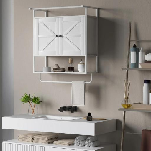 Armario de Pared para Baño Mueble de Baño Suspendido con 2 Puertas Estante Toallero 63x34x75 cm Blanco [5]