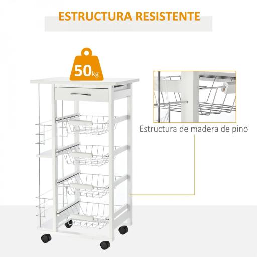 Carrito de Cocina con Ruedas Carro Multiusos con Cajón 4 Cestas Extraíbles de Metal y Bastidores 47x37x83 cm Blanco [9]