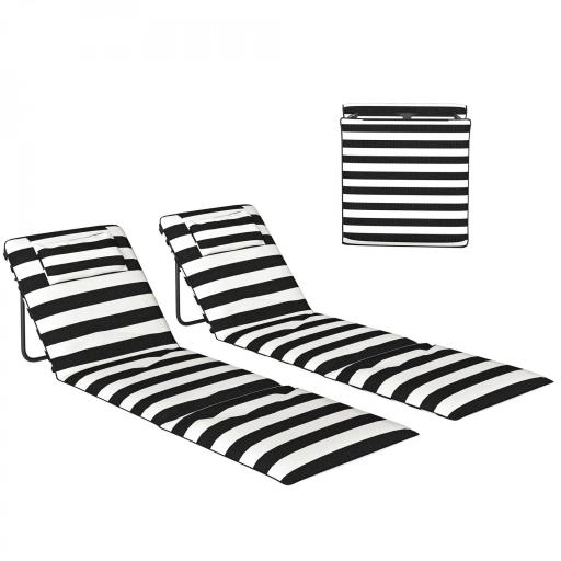 Conjunto de 2 Esterillas de Playa Plegable con Respaldo Ajustable Reposacabezas Acolchado 150x50x2 cm Gris y Blanco [9]