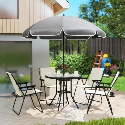 Conjunto de Muebles de Jardín de 6 Piezas con Mesa Redonda Sillas Plegables y Sombrilla para Patio y Terraza Crema [6]