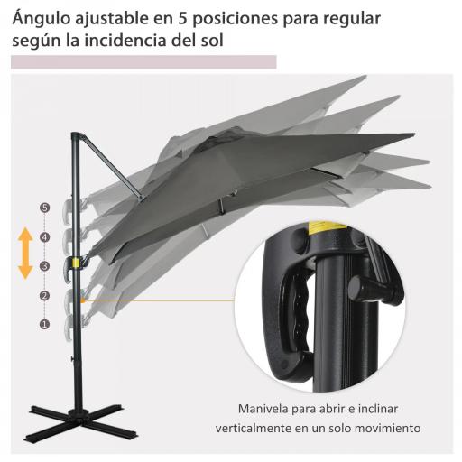 Sombrilla de Jardín de Aluminio Parasol Excéntrico con Manivela y Poste Giratorio e Inclinable 245x245x245 cm Gris [5]