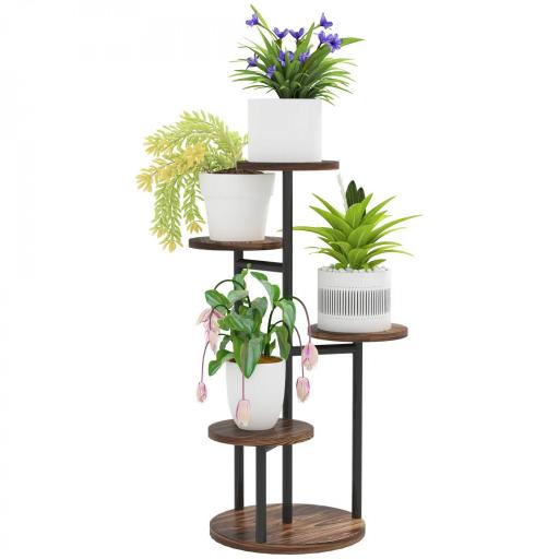 Soporte para Plantas de Madera y Acero de 5 Niveles con 5 Estantes Redondos Soporte para Macetas 43x43x70 cm Carbonizado [9]
