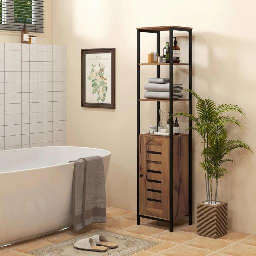 Columna de Baño Estrecha con Puerta de Lamas Estantes Ajustables Compartimentos Abiertos 37x30x167 cm Marrón Rústico [6]
