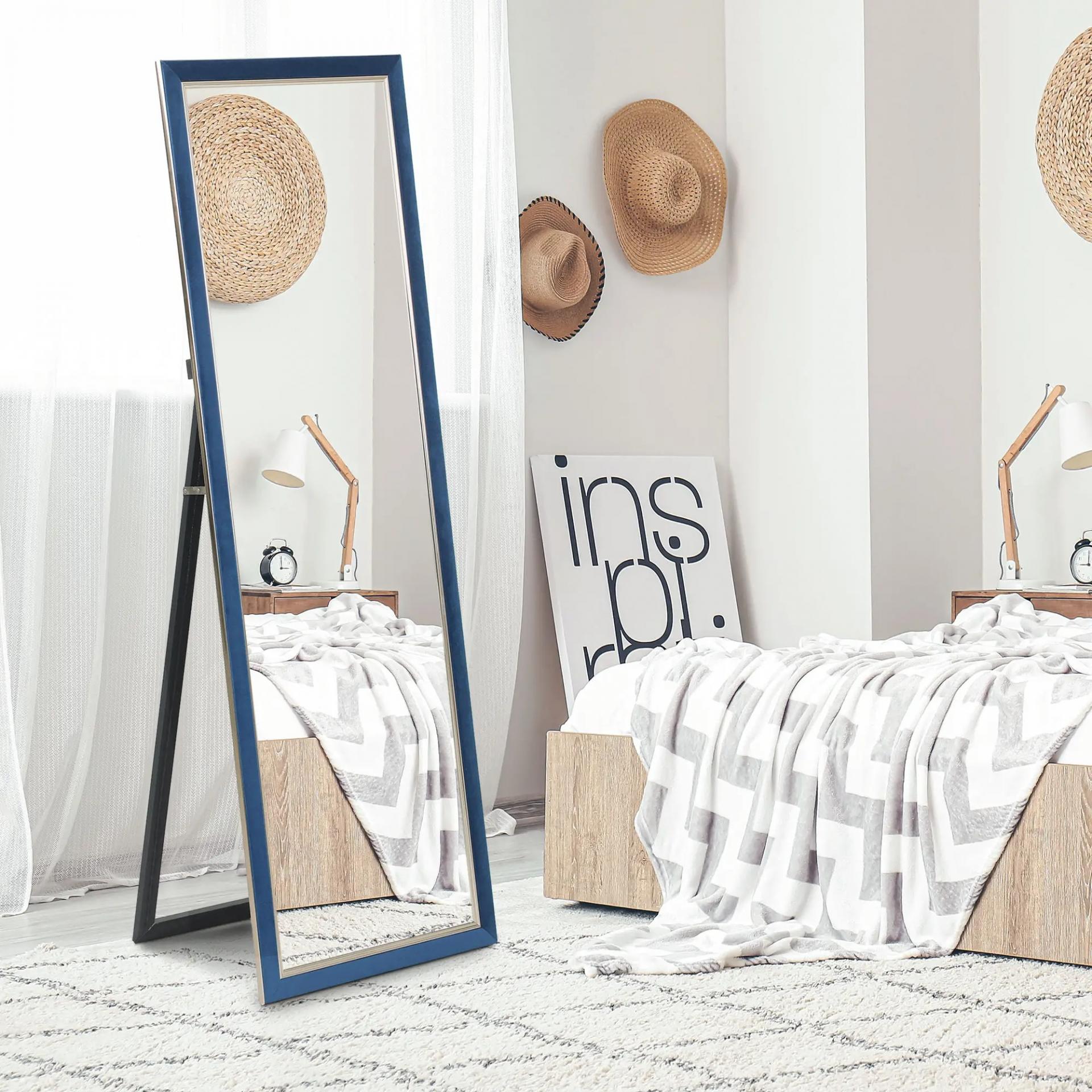 Espejo de Cuerpo Entero 150x50 cm con Marco en Terciopelo y Soporte para Salón Dormitorio Azul