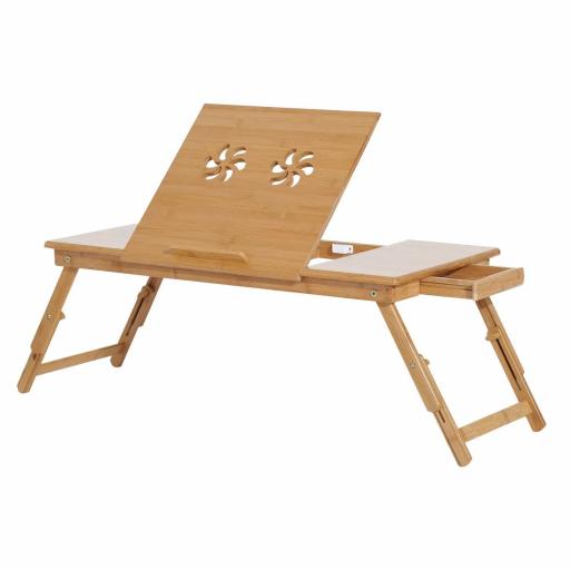 Mesa de Ordenador Portátil Bambú Bandeja de Cama Desayuno Plegable Reclinable Altura Ajustable Soporte Escritorio de regazo 1 Cajón 72x35x22-30cm [2]