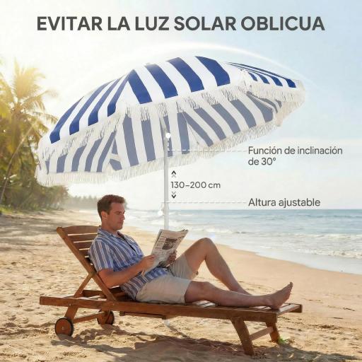 Sombrilla de Playa con Flecos Ø180 cm Sombrilla de Terraza Exterior con Altura Ajustable Inclinación 30° Azul y Blanco [3]