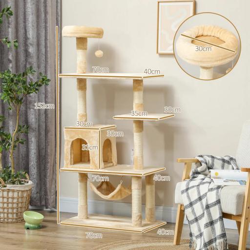 Árbol Rascador para Gatos Grande 70x40x152 cm Torre para Gatos con Múltiples Plataformas Cueva Hamaca Postes Beige