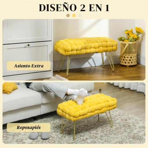 Banco Pie de Cama Tapizado en Terciopelo Reposapiés con Patas de Metal y Asiento Acolchado Amarillo [4]