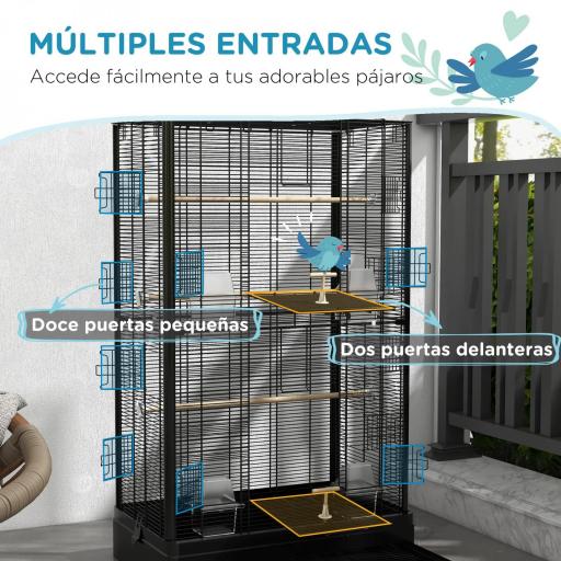 Jaula para Pájaros 61x36,5x98 cm con 8 Puertas 5 Perchas Bandeja Extraíble y 4 Comederos para Periquitos Pinzones Negro [5]