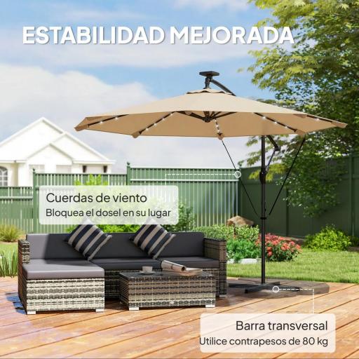 Parasol Excéntrico con Luces LED Solares 330x295 cm Sombrilla Jardín con Base Cruzada Manivela Funda Protectora Caqui [6]