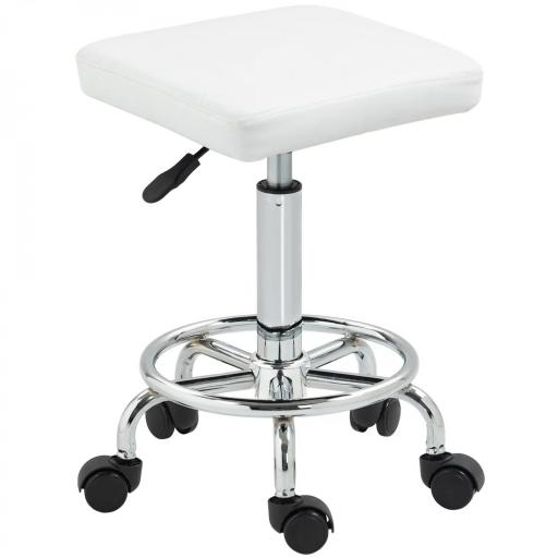 Taburete Giratorio Ajustable Con Asiento Acolchado Reposapiés y Ruedas para Salones y Talleres 34x34x50-66 cm Blanco [9]
