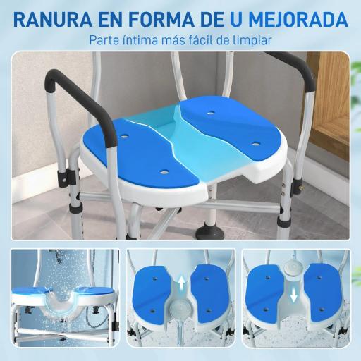 Silla de Ducha con Asiento Ranurado Altura Regulable Antideslizante Respaldo y Reposabrazos Carga 136 kg Azul [6]