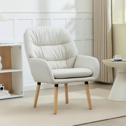 Sillón de Salón Moderno Acolchado de Doble Capa Tapizado en Cuero Sintético Patas de Madera 68x74x89 cm Crema [5]