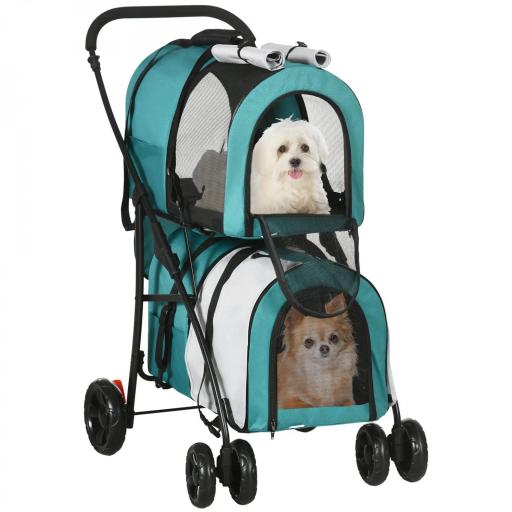 Cochecito Doble para Perros Gatos Plegable con 2 Transportines Extraíbles con Cinturón y Cojines 66x50x98cm Verde y Gris [3]