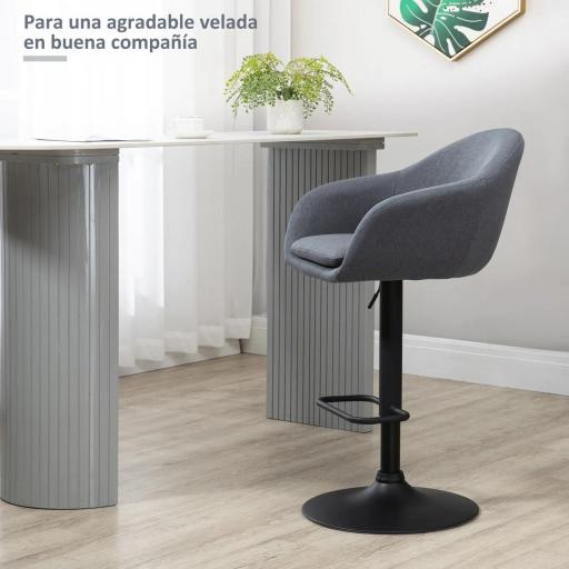 Taburete de Bar Regulable Tapizado de Tela con Reposapiés y Pata de Acero Carga 110 kg 54x54x92-112 cm Gris Oscuro [3]