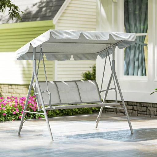 Balancín Jardín Exterior de 3 Plazas con Toldo Ajustable Respaldo Transpirable y Marco de Metal 171x108x154 cm Gris [7]