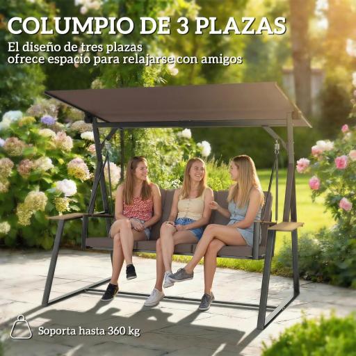Columpio de Jardín Exterior de 3 Plazas con Techo Ajustable 2 Bandejas Cojines y Marco de Metal Carga 360 kg Marrón [2]