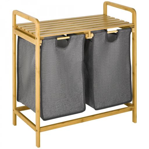 Cesto de Ropa Sucia de Bambú Cesto para la Colada con 2 Bolsas Extraíbles y Estante para Baño 63,5x33x73 cm Natural y Gris [8]