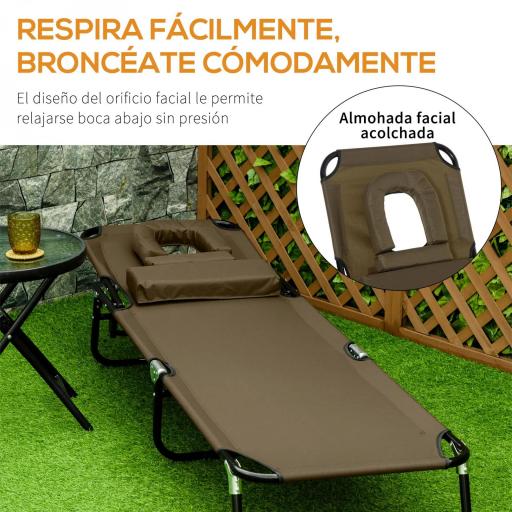 Tumbona Plegable con Respaldo Regulable 4 Posiciones con Orificio de Lectura Almohada Tela Oxford 190x56x28 cm Marrón [6]