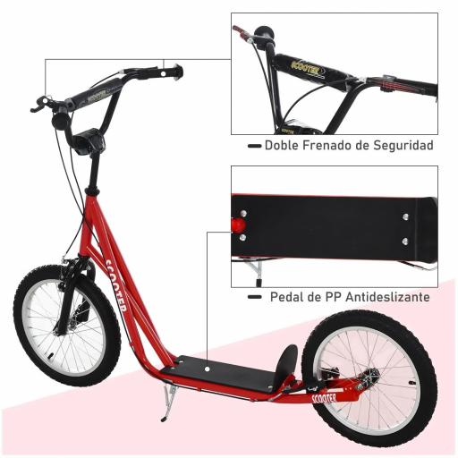 Patinete para Niños +5 Años, Patinete Infantil de 2 Ruedas, con Manillar Ajustable en Altura, 2 Neumáticos de Caucho Inflable, Doble Freno, Carga 100 kg, 139x58x90-96 cm, Rojo [3]