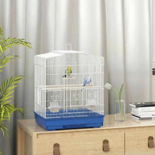 Jaula para Pájaros Pajarera de Acero con 2 Comederos 2 Perchas Columpio y Bandeja Extraíble Asa 46,5x36x59 cm Azul