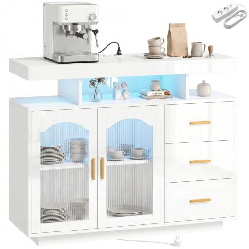 Aparador con LED RGB de 7 Colores Tomas Puertos USB 3 Cajones Estantes Abiertos 2 Puertas 100x35x80 cm Blanco Brillante [9]