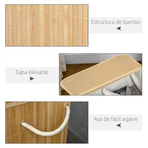 Cesto de Ropa Sucia 90 L de Bambú con 2 Compartimentos Asas Bolsa Interior Extraíble 54,2x35,2x59,5 cm Natural [3]