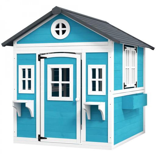 Casita de Madera Infantil con Puerta Ventanas Jardineras y Repisas con Detalles de Color 114x126,4x135 cm Azul [9]