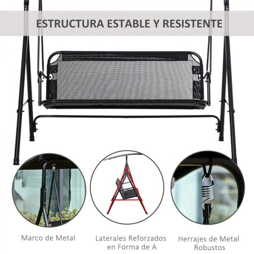 Columpio de Jardín de Exterior de 2 Plazas Silla Balancín con Parasol Techo Ajustable en Ángulo Terraza Balcón Exterior Carga 200 kg 172x110x155 cm Negro [3]