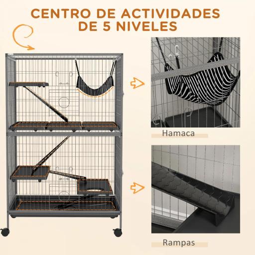 Jaula para Animales Pequeños con Ruedas Rampas Hamaca y Bandeja Extraíble para Chinchillas Hurones 80x52x128 cm Gris [4]