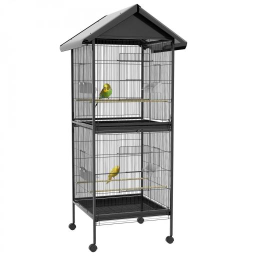 Jaula para Pájaros Grande de 2 Pisos Convertible en Sola Jaula con Ruedas Comederos 4 Perchas 78x75x168 cm Negro [8]