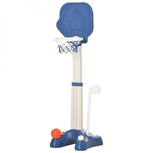 Canasta de Baloncesto 2 en 1 Canasta de Baloncesto Infantil con Aro Ajustable en Altura de 83-120 cm Pelotas y Palo de Golf 46x41x116-153 cm Azul y Blanco [6]