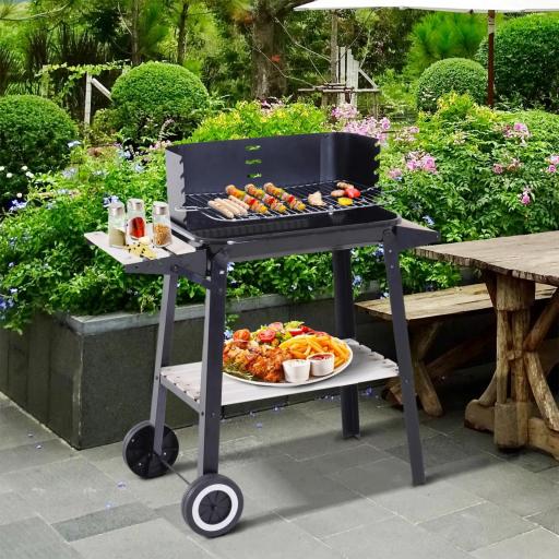 Barbacoa de Carbón Vegetal BBQ con Altura de Parrilla Ajustable Estantes y Ruedas para Exterior 83x46x87 cm Negro
