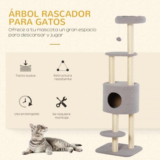 Árbol Rascador para Gatos Altura 148 cm Árbol para Gatos con Postes de Sisal Plataformas Casa y Bola Colgante Gris [2]