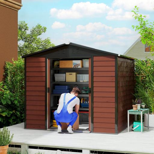 Cobertizo de Jardín Exterior 4,4 m² 240x206x198 cm con Base Puerta Corredera y Cerradura Armario para Jardín Teca