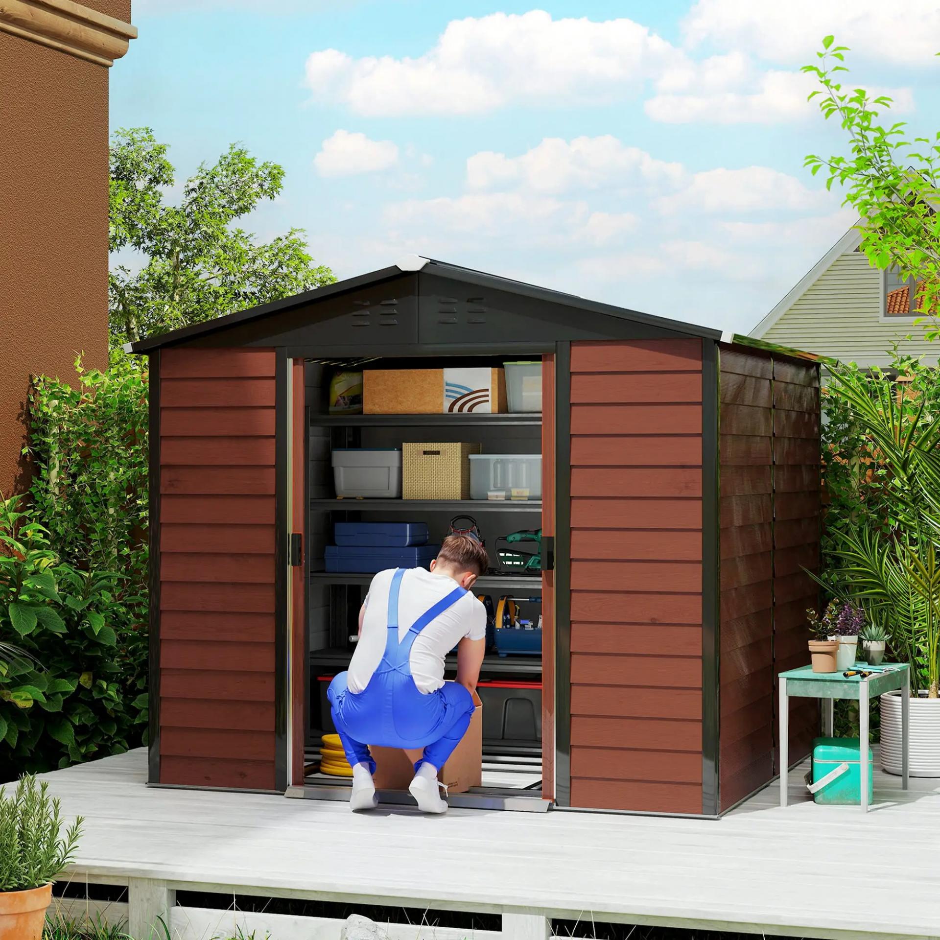 Cobertizo de Jardín Exterior 4,4 m² 240x206x198 cm con Base Puerta Corredera y Cerradura Armario para Jardín Teca