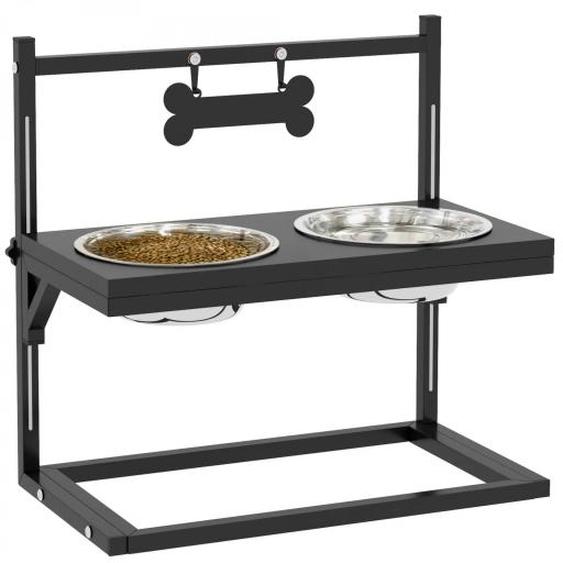 Comedero Elevado para Perros con 2 Tazones de Acero Inoxidable Altura Ajustable y 1 Placa de Metal 40,5x22x39 cm Negro [8]