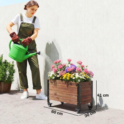 Jardinera Exterior de Madera con Ruedas con Orificio de Drenaje y Tela no Tejida Macetero 60x30x41 cm Marrón Oscuro [1]