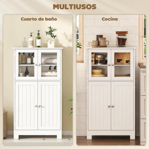 Armario Auxiliar de Baño con Puertas de Cristal y Estante Ajustable Armario Multifuncional 60x30x108,5cm Blanco [8]