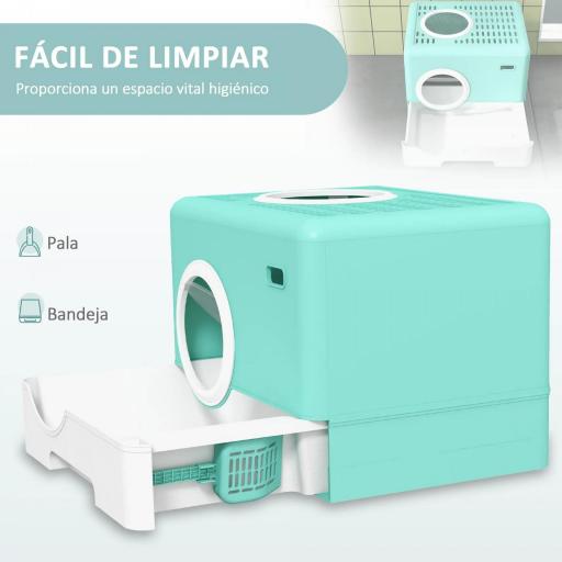 Arenero para Gatos Cubierto con Pala Bandeja Extraíble Entrada Frontal y Salida Superior 52x41x38,5 cm Verde [1]