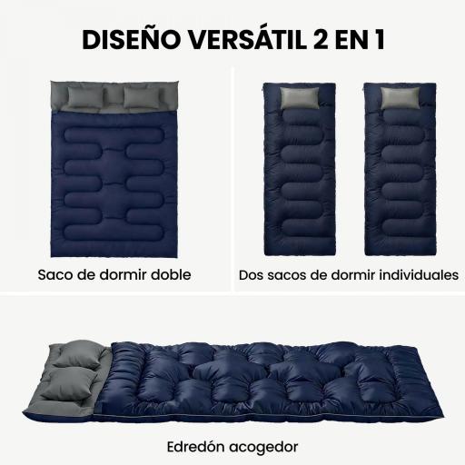 Saco de Dormir Doble para Adultos Tamaño Queen para 2 Personas con 2 Almohadas y Bolsa Transporte Azul Oscuro [2]