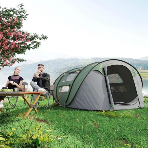 Tienda de Camping Pop-up con Ventanas Bolsillos y Bolsa de Transporte Impermeable Anti-UV 263,5x220x123 cm Verde y Gris [6]