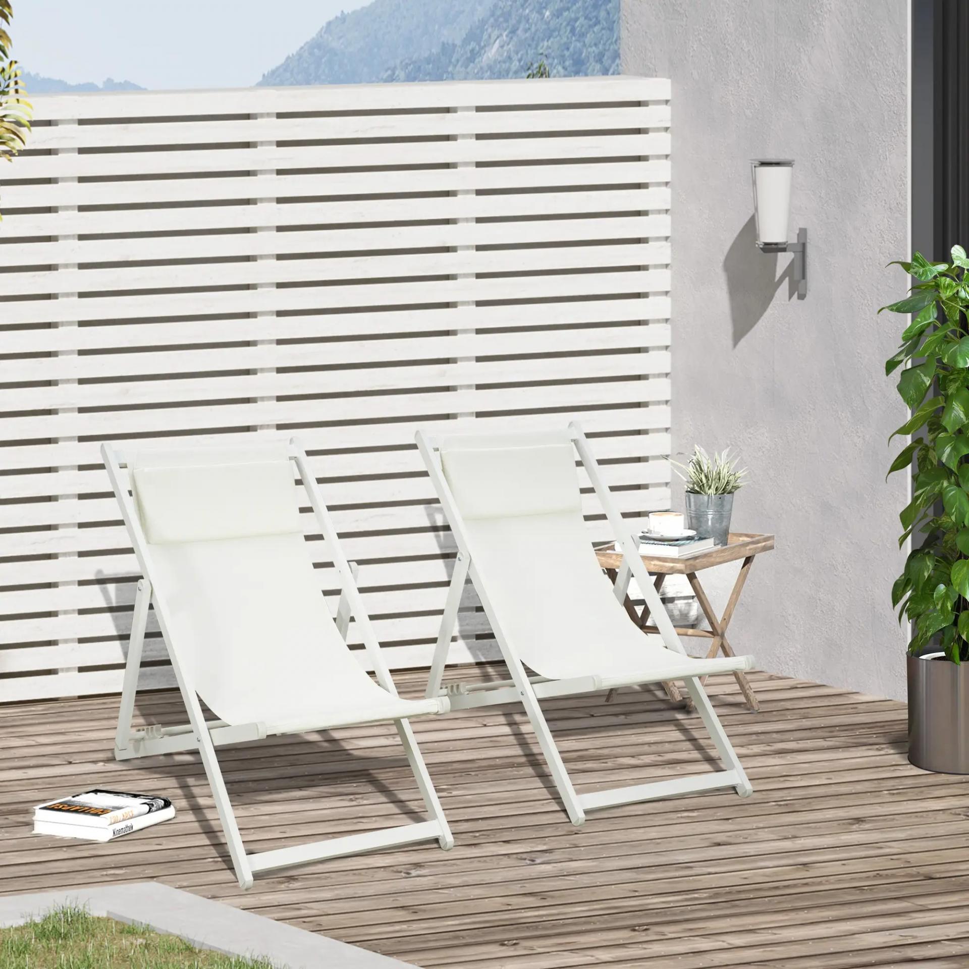 Conjunto de 2 Tumbonas Plegables de Aluminio con Respaldo Regulable en 5 Posiciones Reposacabezas 60x100x85 cm Blanco