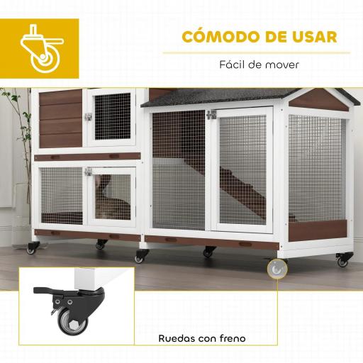 Conejera Exterior 157,4x53x99,5cm Jaula para Conejos Grande con Ruedas Techo Asfáltico Bandeja Extraíble y Rampa Marrón [2]