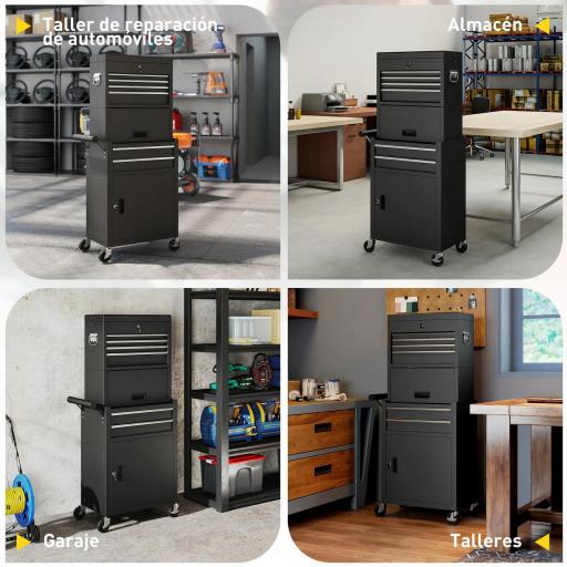 Carro de Herramientas con 6 Cajones y Cerraduras Caja de Herramientas de Acero con Ruedas para Taller Garaje Negro [3]