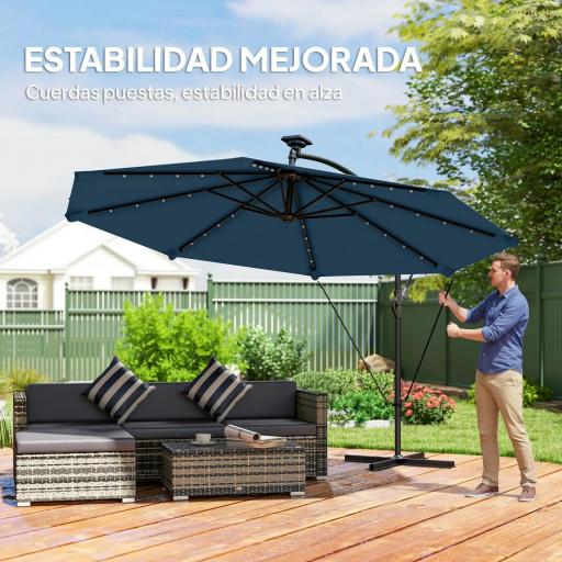 Parasol Excéntrico con Luces LED Solares Ø345 cm Sombrilla Jardín de Aluminio con Base Cruzada Manivela Funda Azul [3]